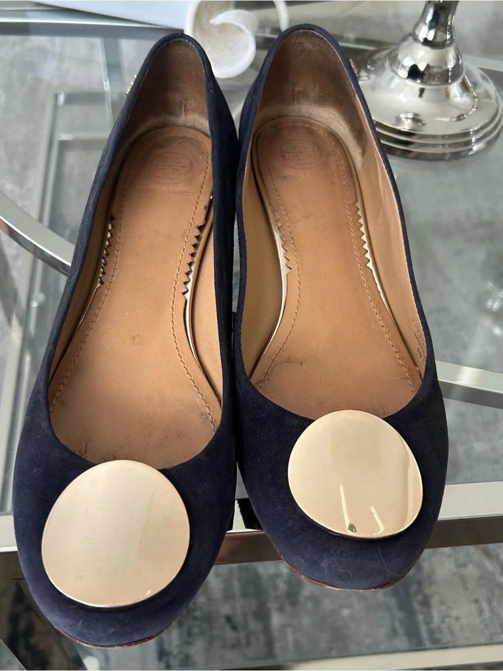 Tory Burch Navy Suede Flats with Gold Disc